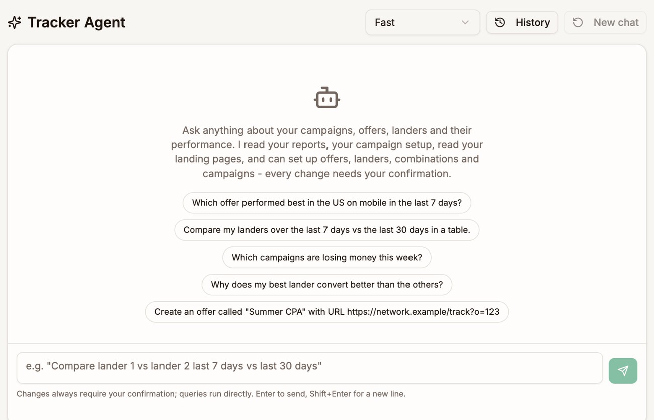 The Tracker Agent with suggested questions such as which campaigns are losing money this week