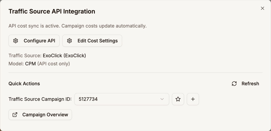 The Traffic Source API Integration window for ExoClick, with cost sync active, the CPM model, the traffic source campaign ID 5127734, and the Campaign Overview button