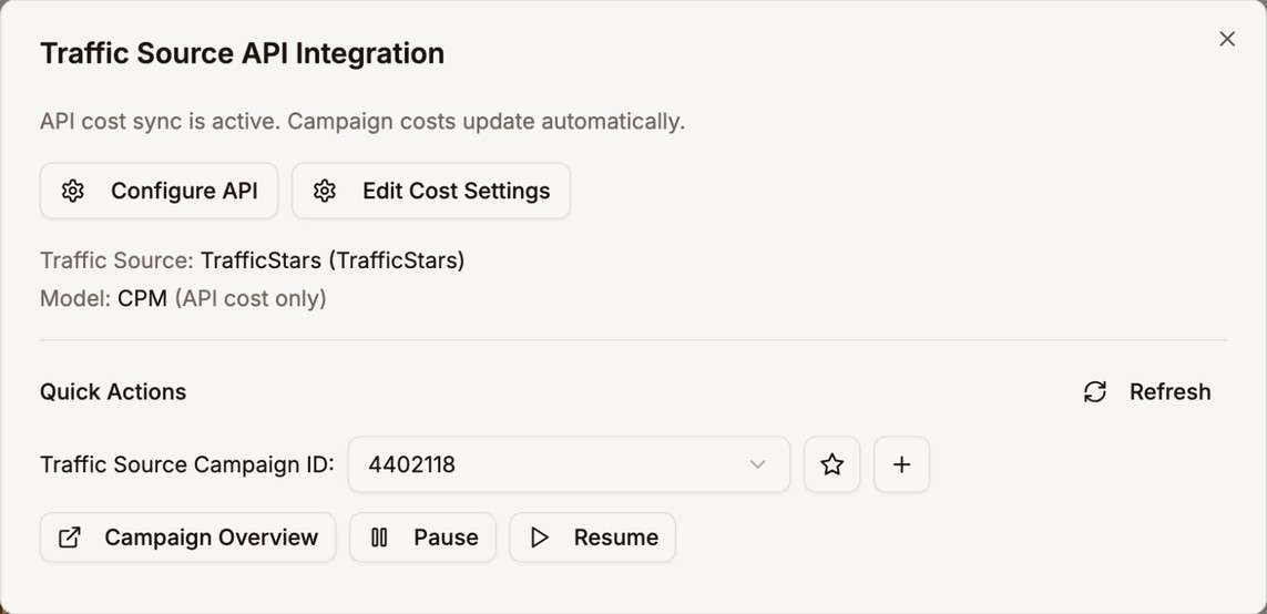 The Traffic Source API Integration window for TrafficStars, with cost sync active, the CPM model, the traffic source campaign ID 4402118, and the Campaign Overview, Pause, and Resume buttons