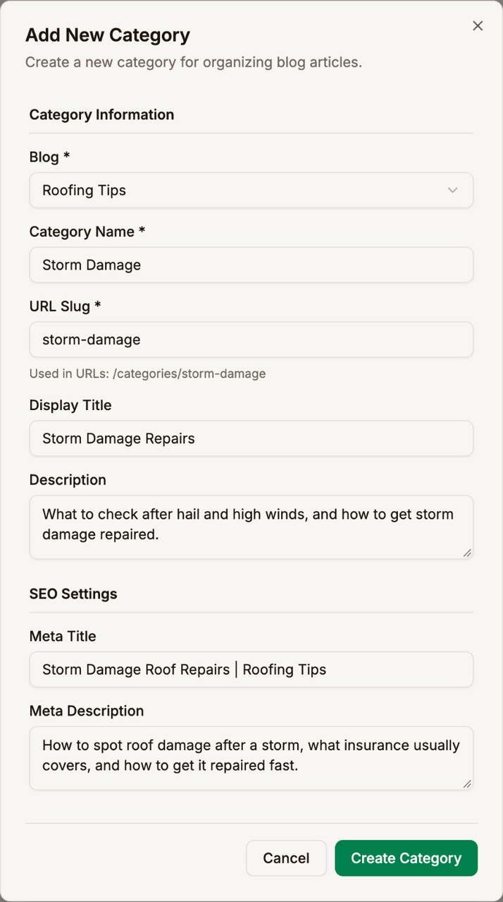 The Add New Category dialog for Roofing Tips with the name Storm Damage, the URL slug storm-damage, the display title Storm Damage Repairs, a description, and a meta title and meta description