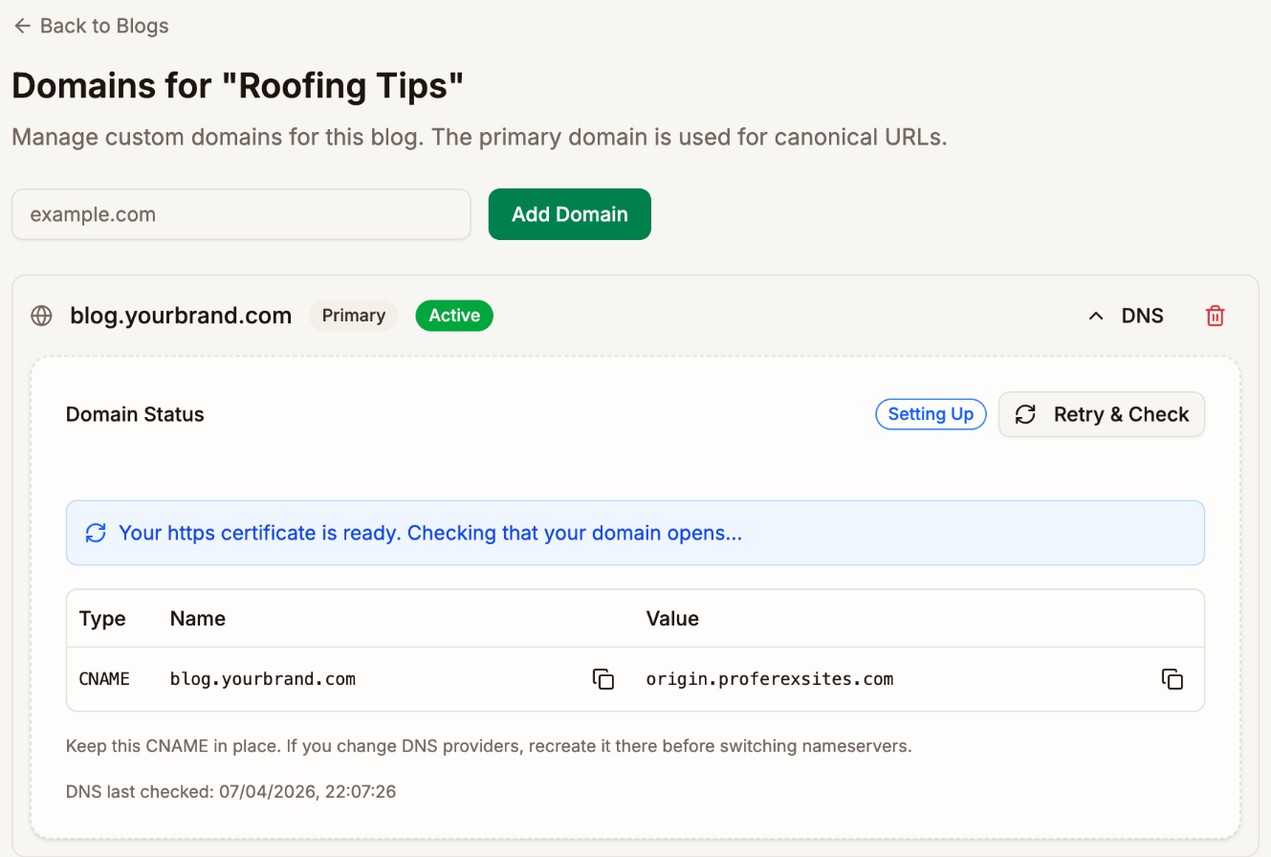 The Domains page for Roofing Tips with blog.yourbrand.com marked Primary and Active, and its DNS panel showing Setting Up while Proferex checks that the domain opens, with the CNAME record pointing to origin.proferexsites.com