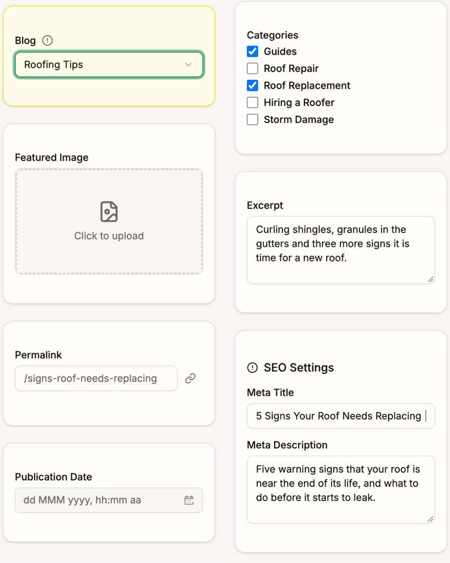 The article settings: Blog set to Roofing Tips, Featured Image, Permalink /signs-roof-needs-replacing, Publication Date, Categories with Guides and Roof Replacement ticked, Excerpt, and SEO Settings with Meta Title and Meta Description