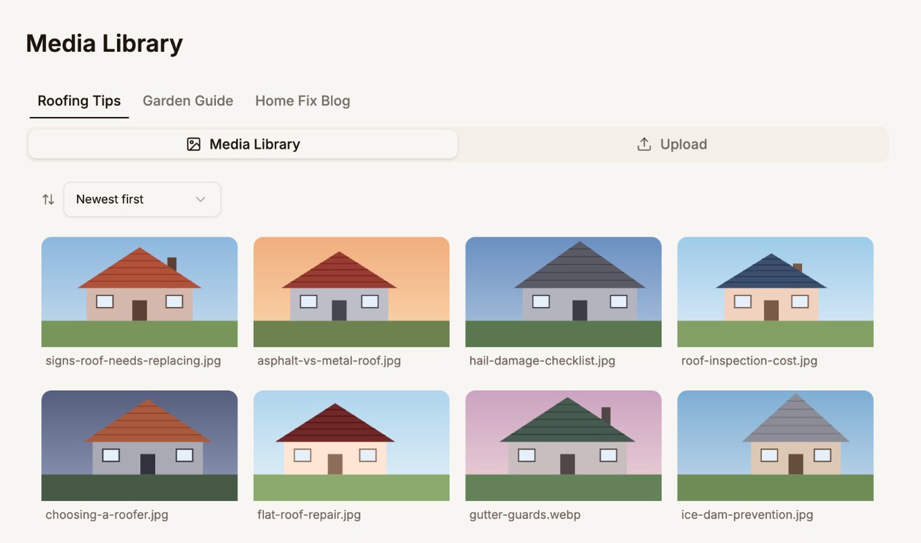 The Media Library for Roofing Tips with the Media Library and Upload tabs, a sort menu set to Newest first, and eight roof images with their file names