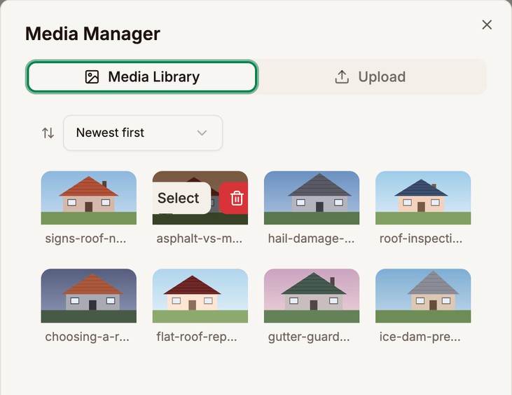 The Media Manager with the Media Library tab open, a sort menu set to Newest first, and eight roof images, one of them showing the Select button and a delete button