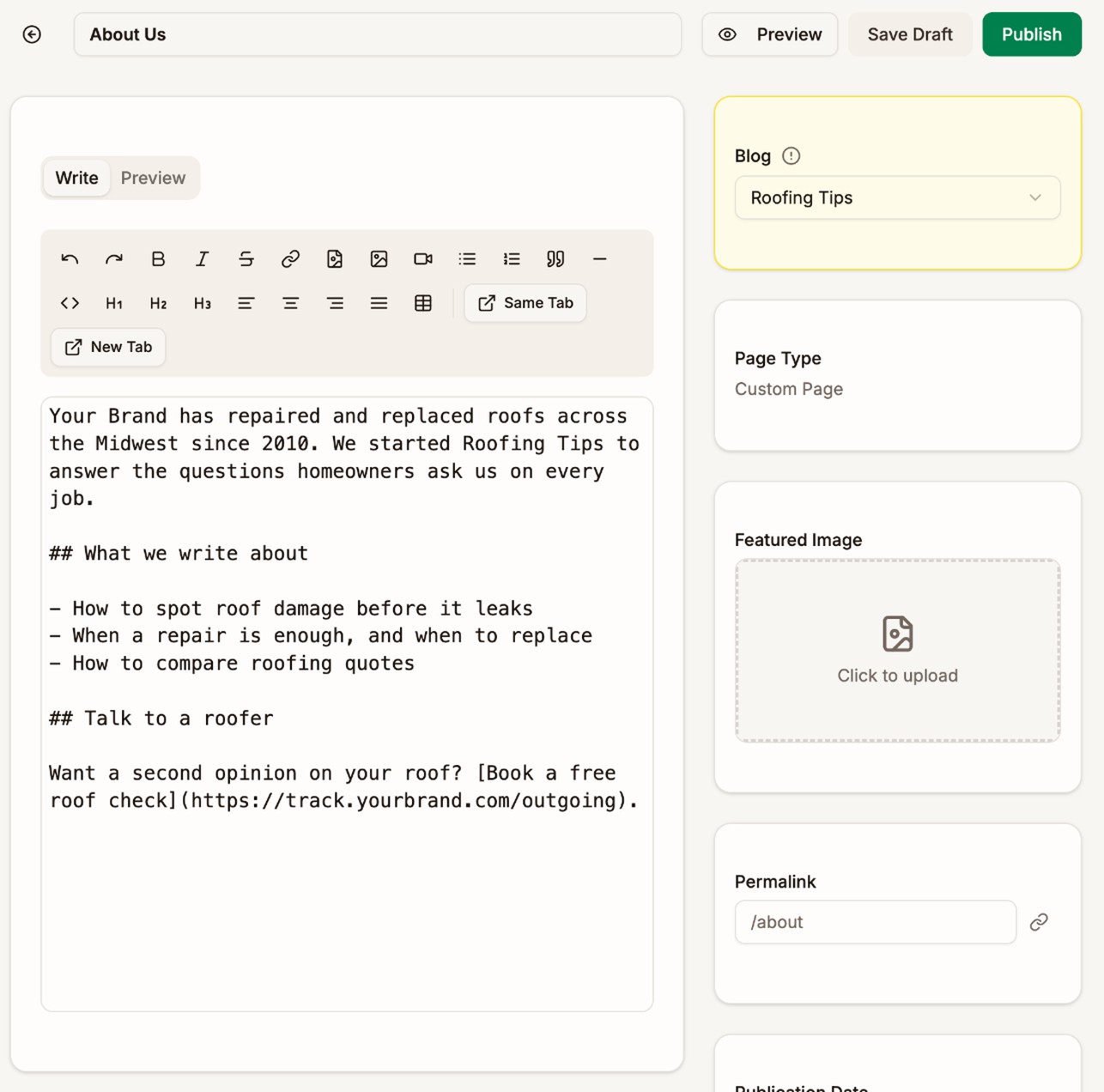 The page editor for a new page titled About Us, with the Write tab showing the page text in Markdown, and on the right the Blog set to Roofing Tips, Page Type Custom Page, Featured Image, and Permalink /about