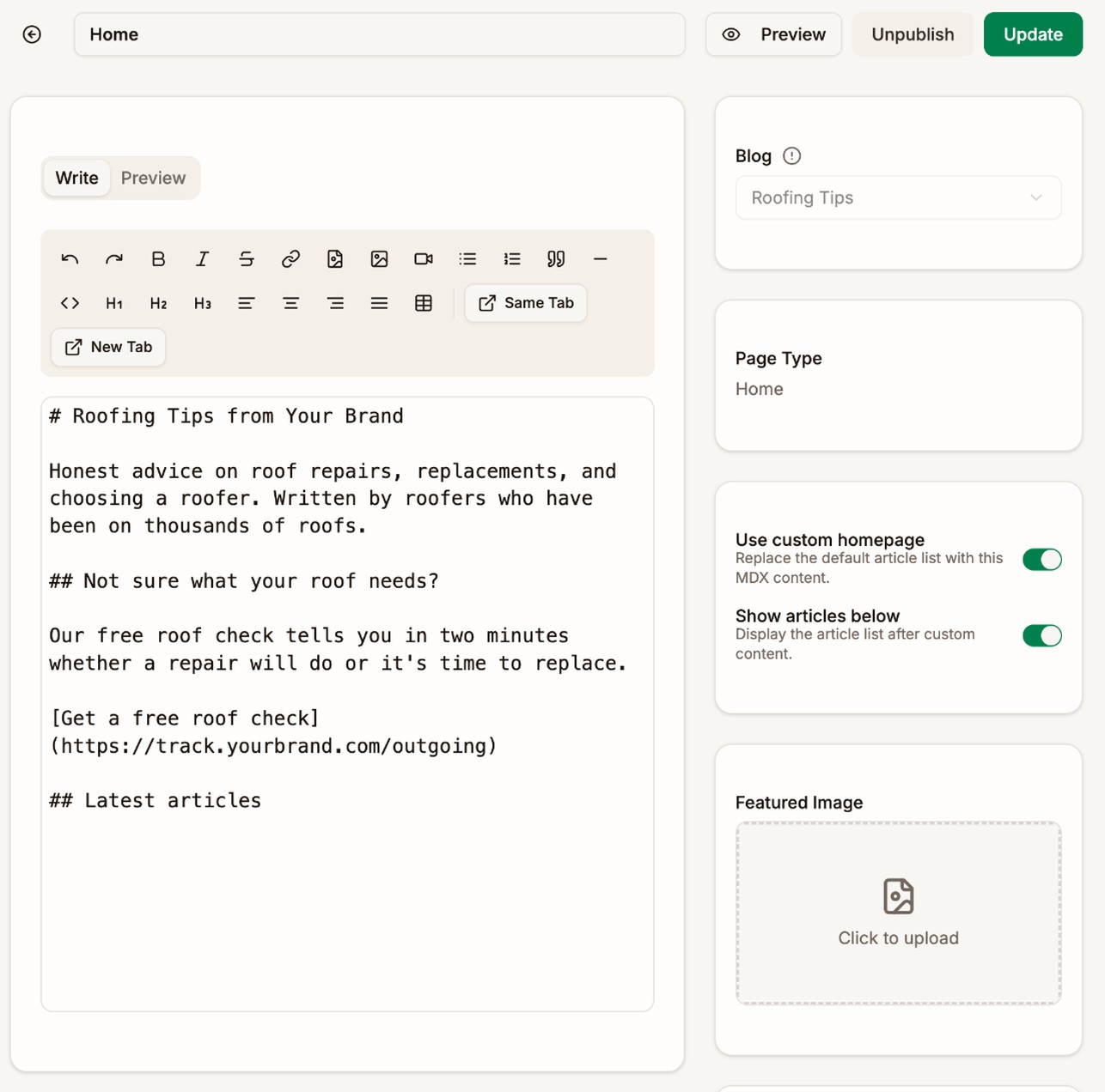 The Home page editor with Markdown content for Roofing Tips from Your Brand and a free roof check link, and the Use custom homepage and Show articles below switches turned on