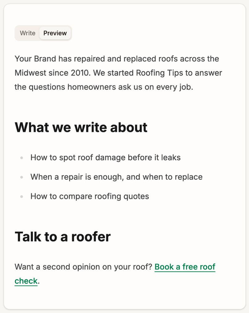 The Preview tab of the About Us page with a paragraph, the headings What we write about and Talk to a roofer, a bulleted list, and a Book a free roof check link
