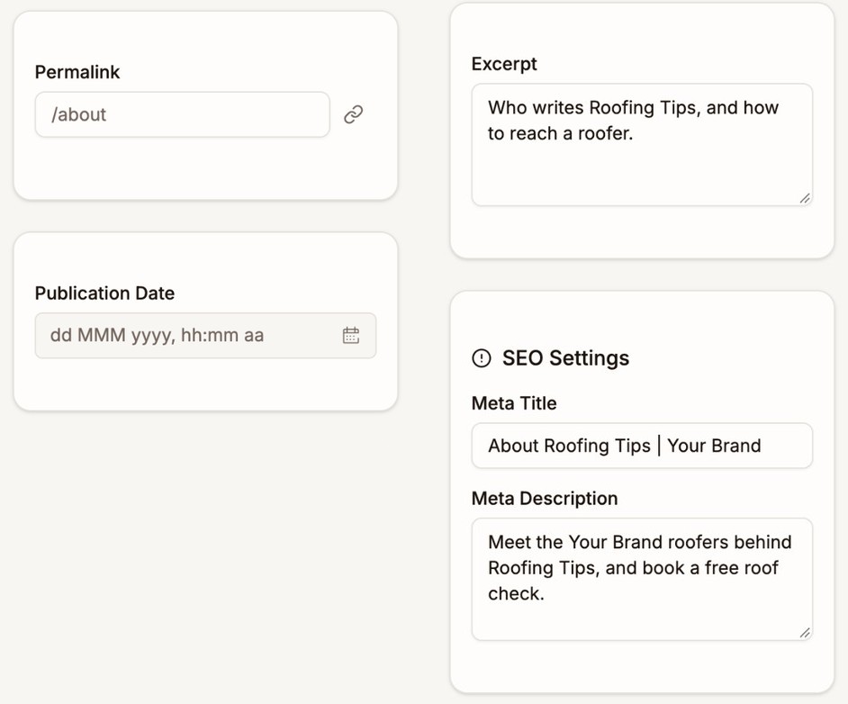 The rest of the page settings: Permalink /about, Publication Date, Excerpt, and SEO Settings with Meta Title and Meta Description
