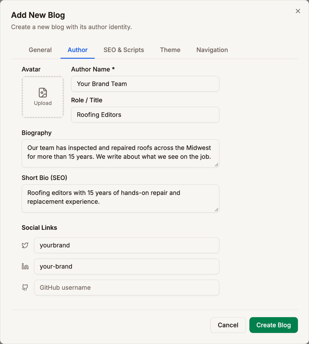 The Author tab with an avatar upload, the author name Your Brand Team, the role Roofing Editors, a biography, a short SEO bio, and the X and LinkedIn usernames yourbrand and your-brand