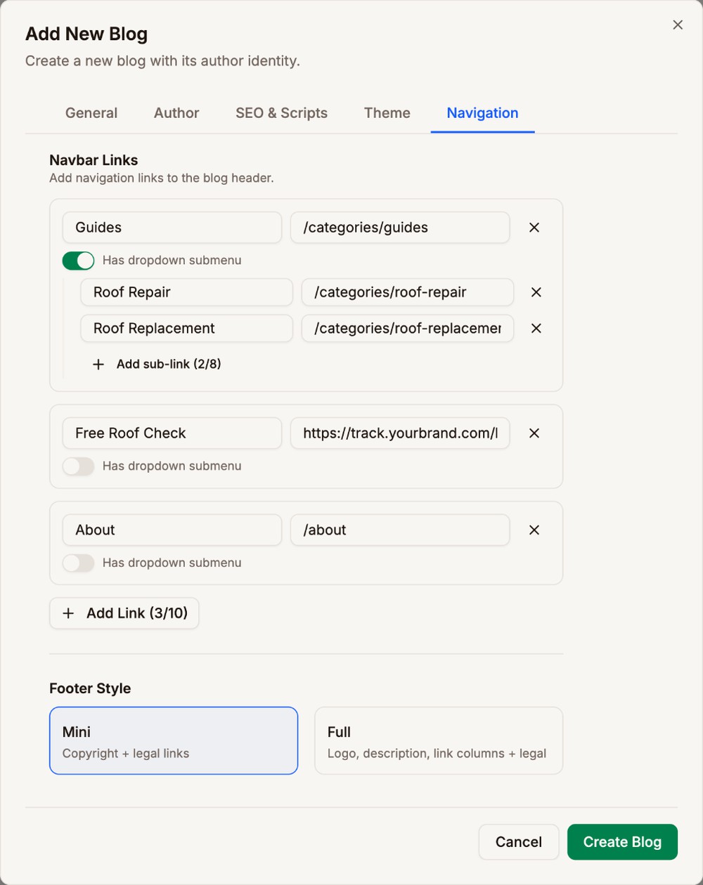 Navbar Links with Guides and its dropdown links Roof Repair and Roof Replacement, Free Roof Check linking to a campaign URL, and About linking to /about, then the Footer Style choice with Mini selected
