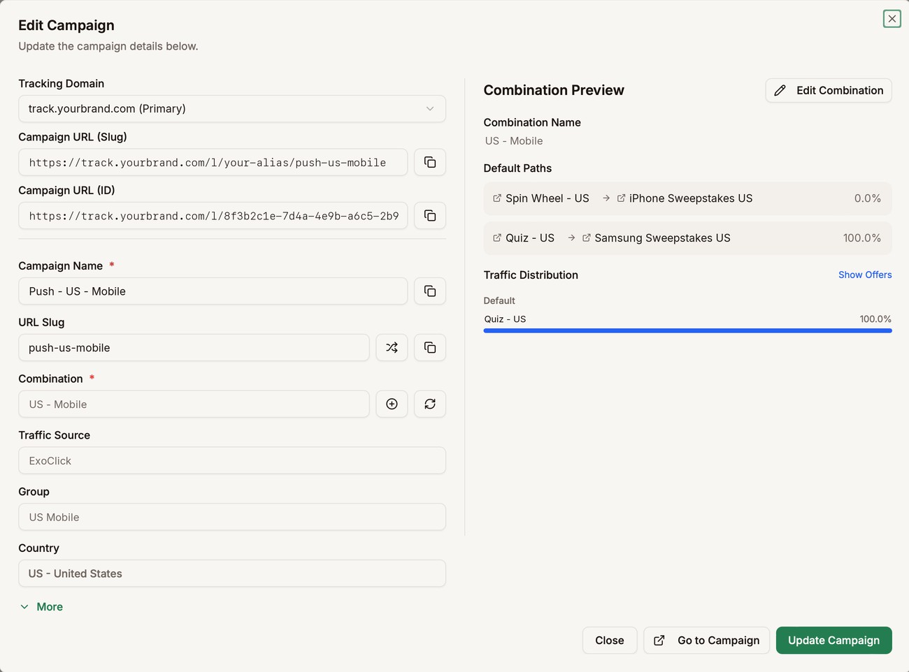 The Edit Campaign window for Push - US - Mobile. On the left, the Combination field is set to US - Mobile, with a plus button and a refresh button next to it. On the right, Combination Preview shows the paths of US - Mobile, the traffic distribution, and an Edit Combination button