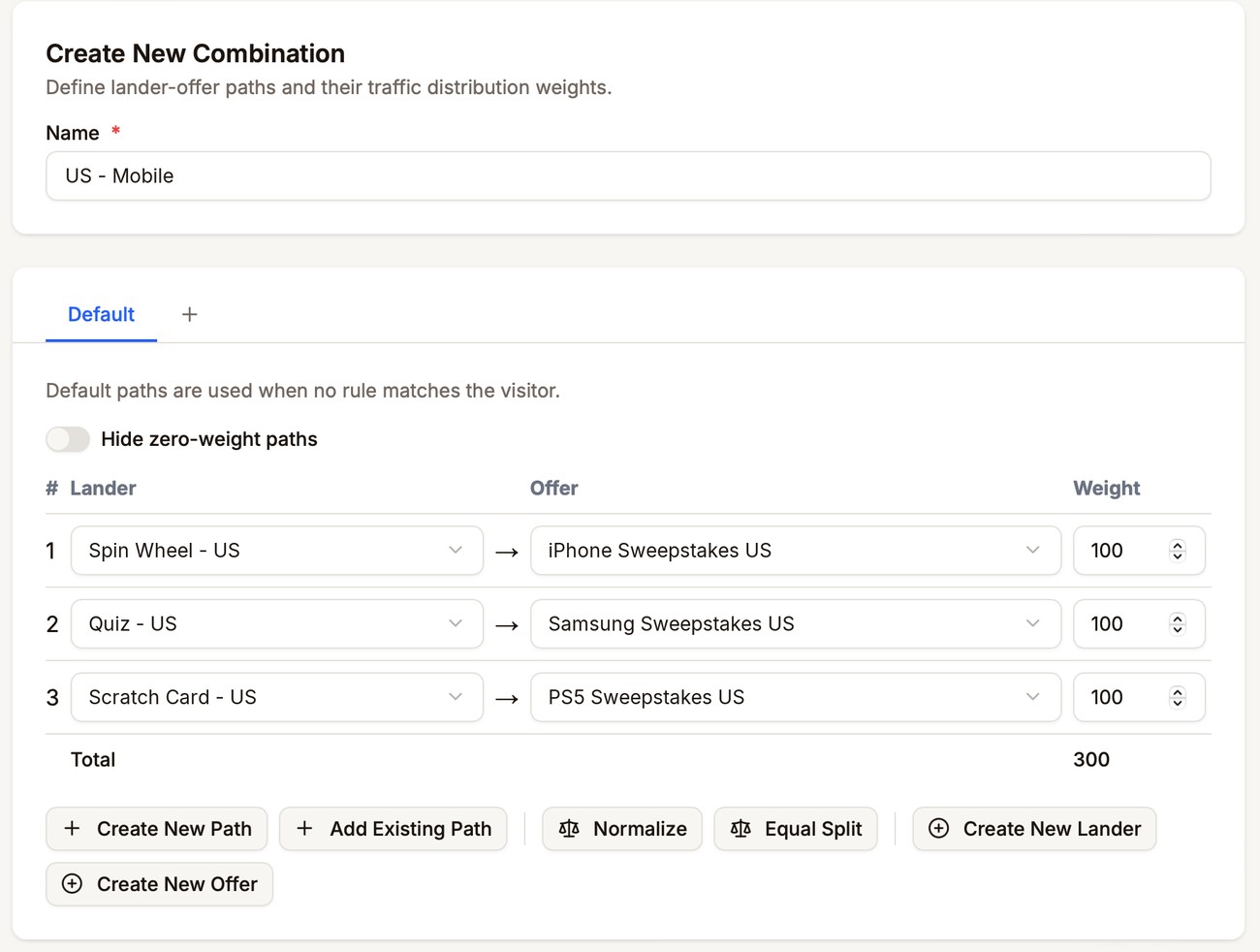 The Create New Combination form with the name US - Mobile and three paths on the Default tab: Spin Wheel - US, Quiz - US, and Scratch Card - US, each sent to a different sweepstakes offer with a weight of 100