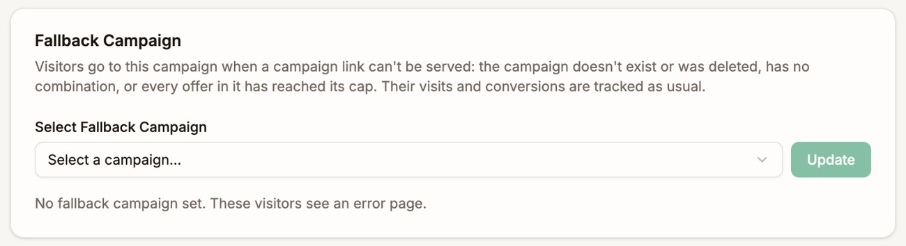 The Fallback Campaign section in Tracker Settings with the Select Fallback Campaign field, the Update button, and the message that no fallback campaign is set