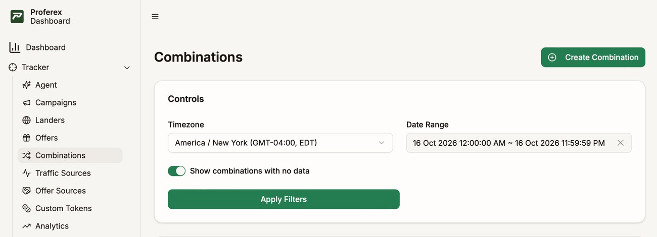 Combinations selected under Tracker in the sidebar, and the Create Combination button outlined