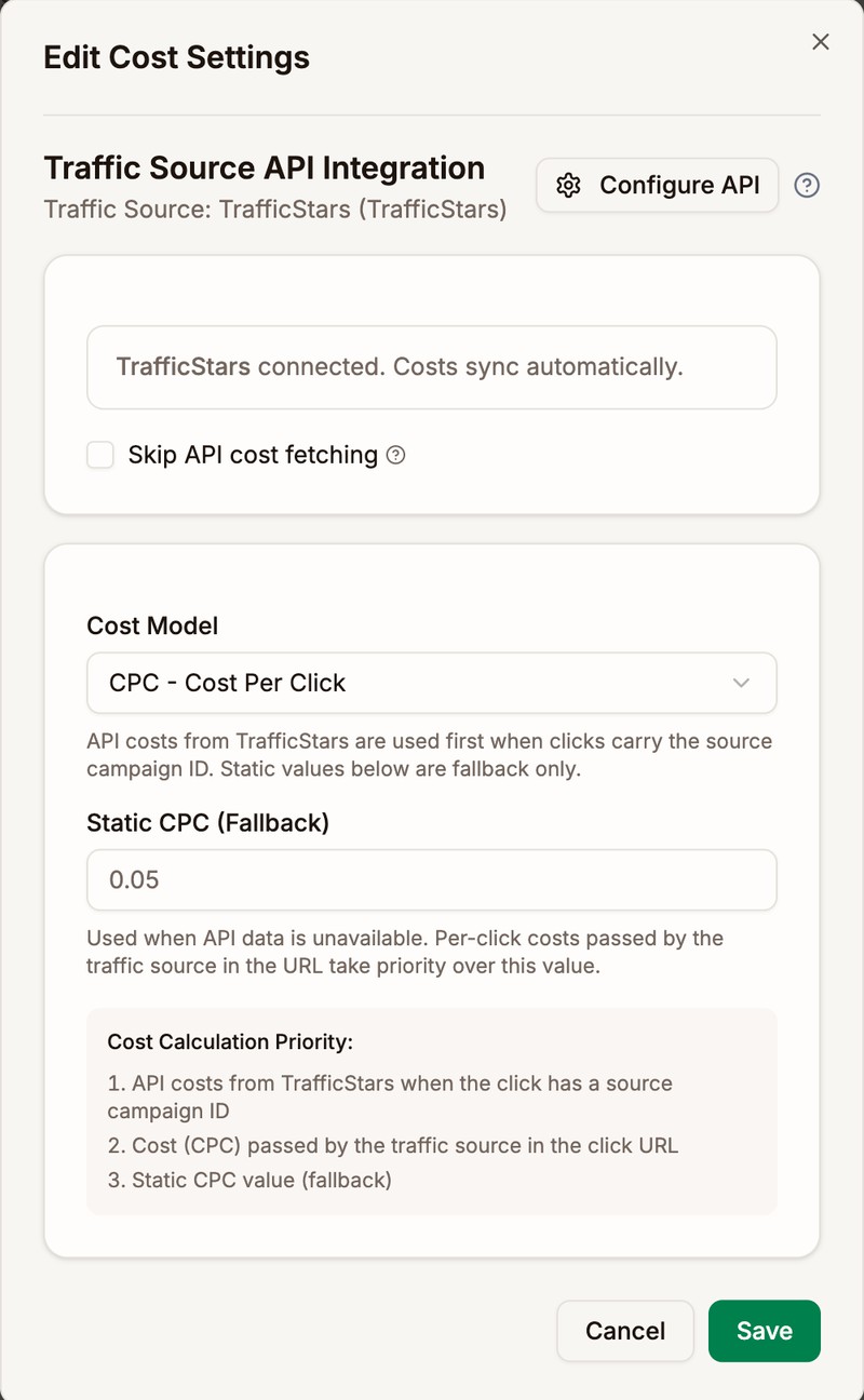 Edit Cost Settings for a TrafficStars campaign, with Skip API cost fetching unticked, the Cost Model set to CPC, a Static CPC fallback of 0.05, and the Cost Calculation Priority list
