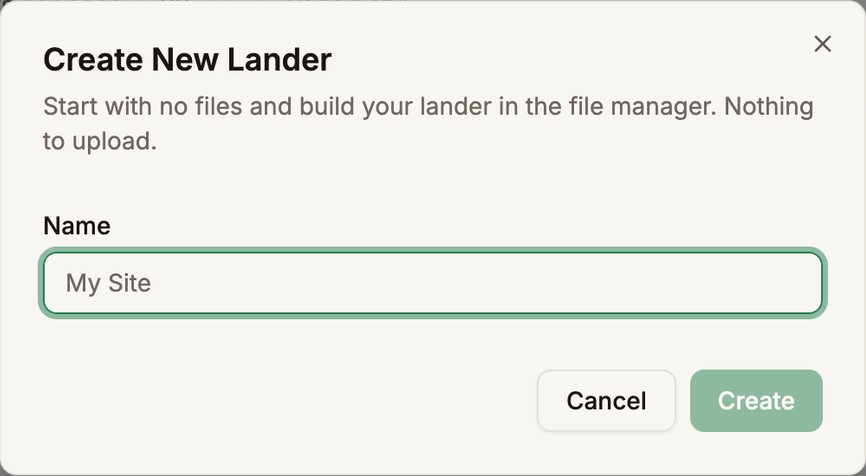 The Create New Lander dialog with the Name field outlined