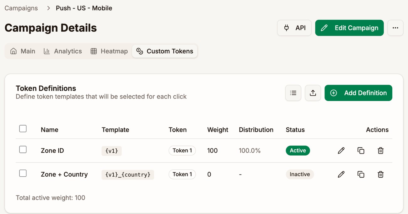 The Custom Tokens tab of the campaign Push - US - Mobile, with two definitions for Token 1: Zone ID with the template v1, active at 100 percent, and Zone + Country with the template v1_country, inactive