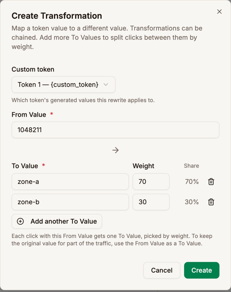 A Value Transformation sending one From Value to several To Values, each with its own weight