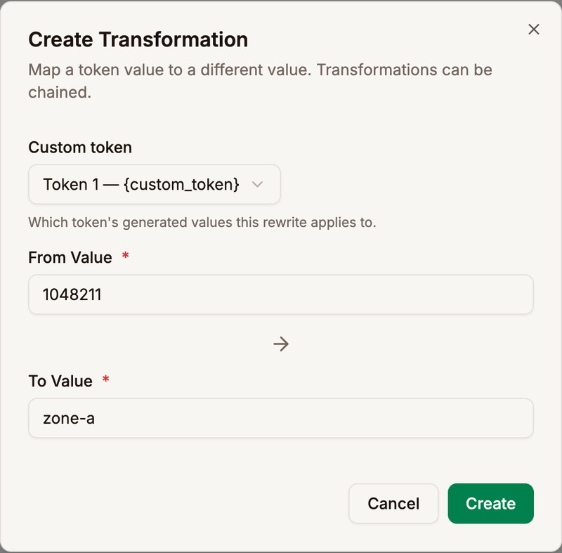 The Create Transformation form with Token 1 selected, the From Value 1048211, and the To Value zone-a