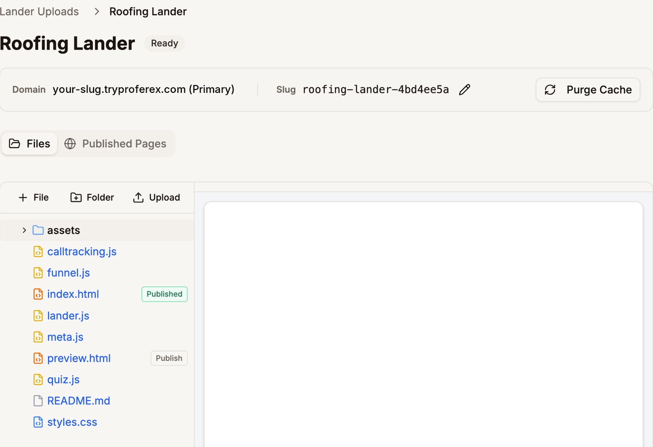 The Roofing Lander upload open in the file manager, with the Domain, Slug, and Purge Cache bar and the File, Folder, and Upload buttons outlined