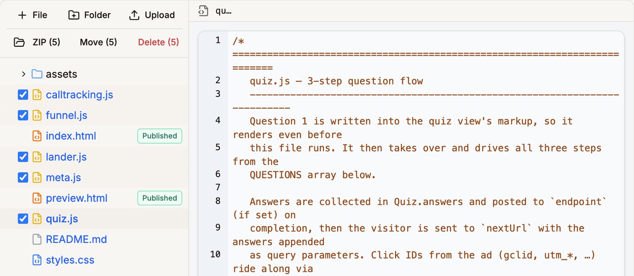 Five script files ticked in the tree, with ZIP (5), Move (5), and Delete (5) above the list