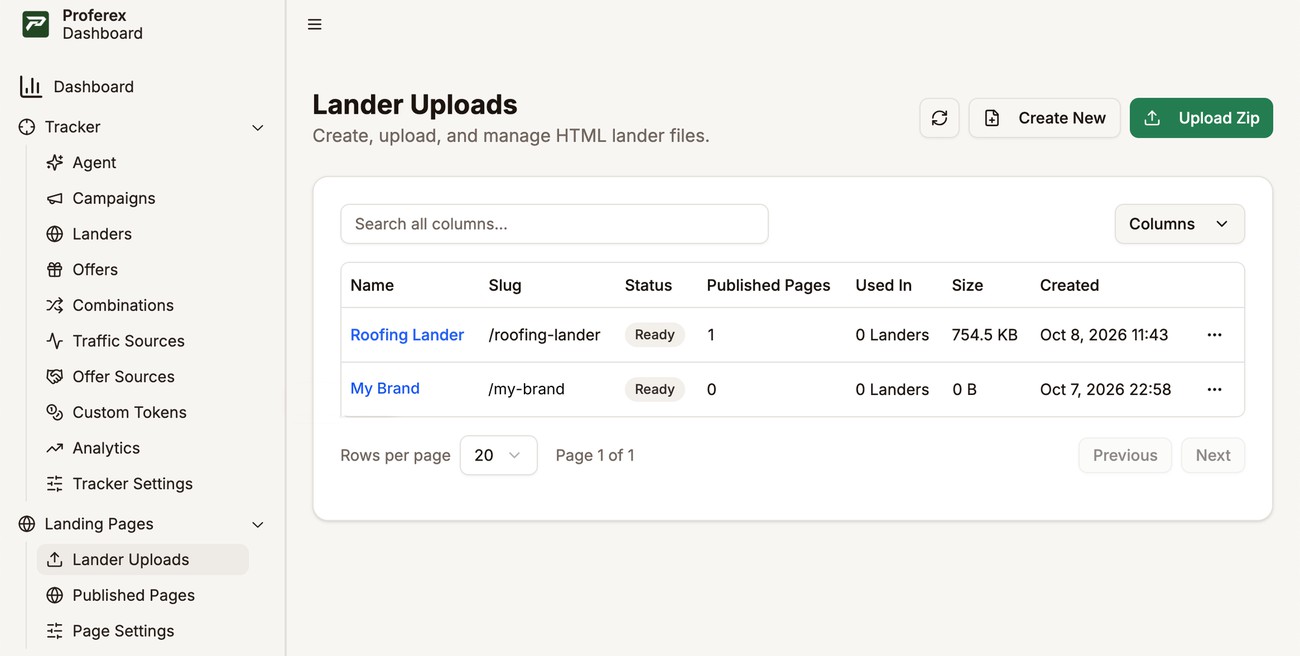 Lander Uploads selected under Landing Pages in the sidebar, with two uploads, Roofing Lander and My Brand, and the Create New and Upload Zip buttons outlined