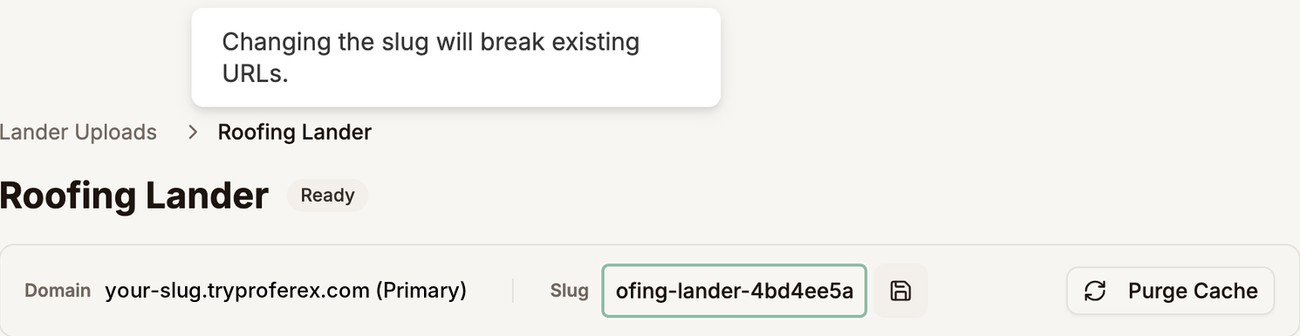 Editing the slug inside an upload, with the warning Changing the slug will break existing URLs