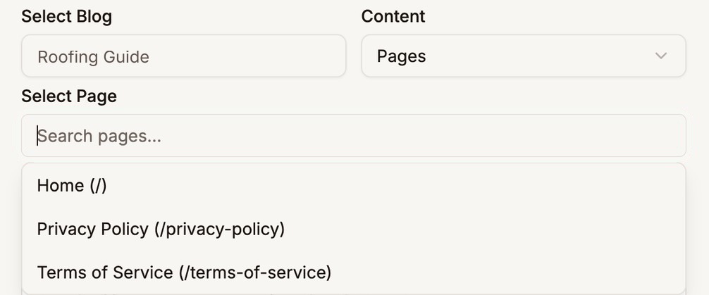 Content set to Pages, and Select Page open, listing Home, Privacy Policy, and Terms of Service