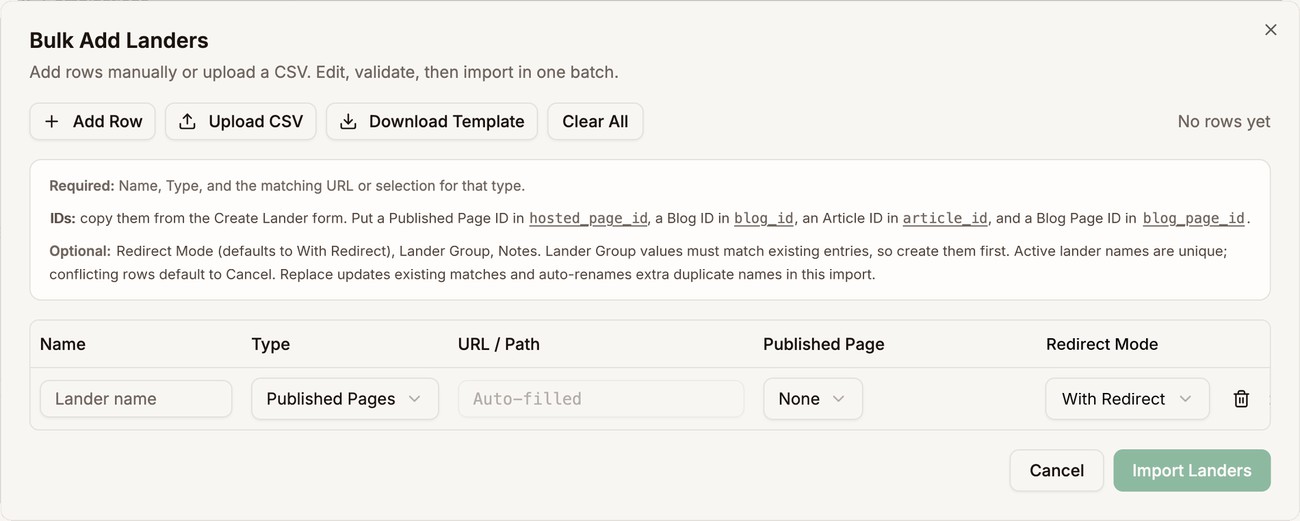 The Bulk Add Landers dialog with Add Row, Upload CSV, Download Template, and Clear All, the help text, and one empty row