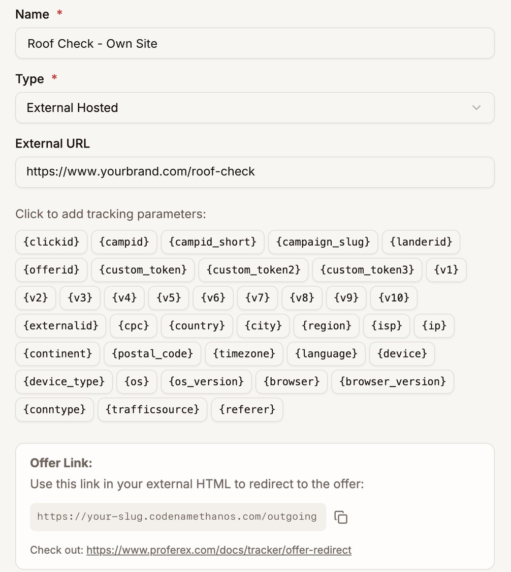 The Create New Lander form with Type set to External Hosted, the External URL outlined, the tracking parameters, and the Offer Link