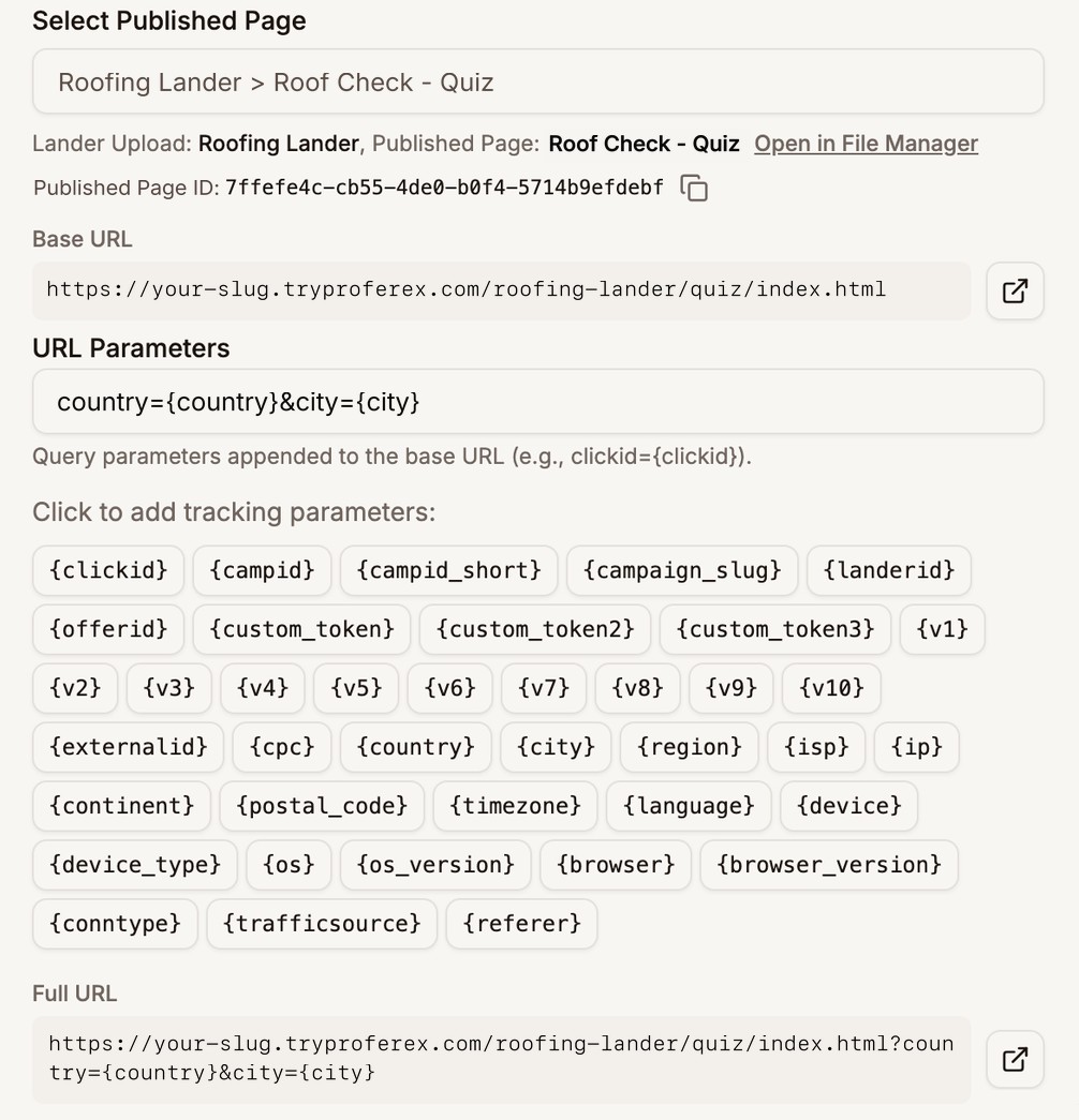The published page details: Lander Upload and Published Page names with Open in File Manager, the Published Page ID with a copy button, Base URL, URL Parameters, the tracking parameters, and Full URL