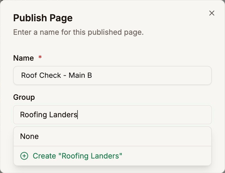 The Publish Page dialog with the name Roof Check - Main B