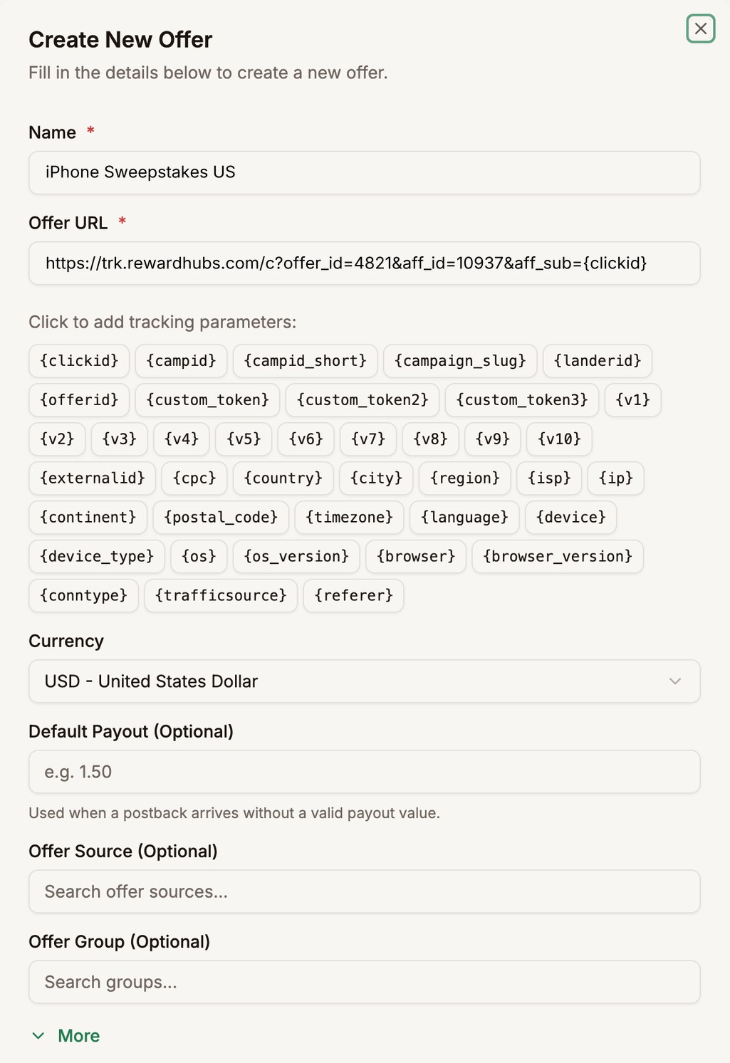 The Create New Offer form with the name iPhone Sweepstakes US and an offer URL ending in aff_sub={clickid}, and the Offer URL field and tracking parameters outlined