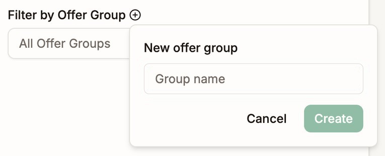 The plus button next to Filter by Offer Group, and the New offer group box with a Group name field, Cancel, and Create