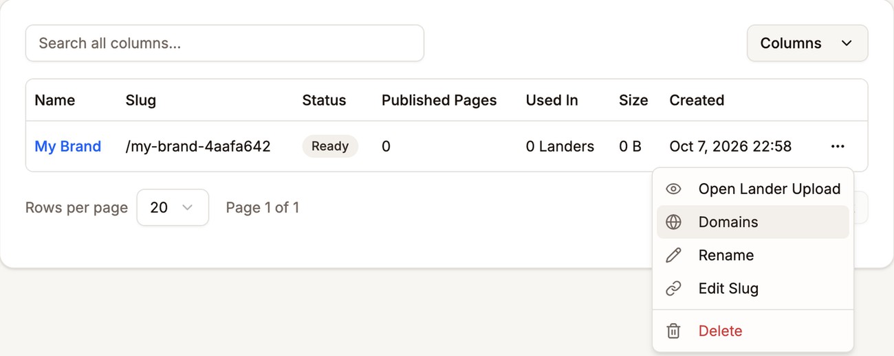 Lander Uploads list with the row menu open and Domains outlined