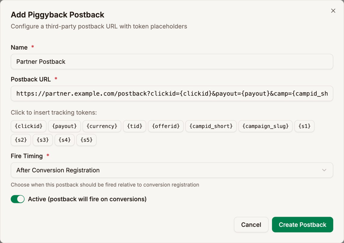 The Add Piggyback Postback dialog with the name Partner Postback, a postback URL using clickid, payout, and campid_short, the token buttons, Fire Timing set to After Conversion Registration, and Active turned on
