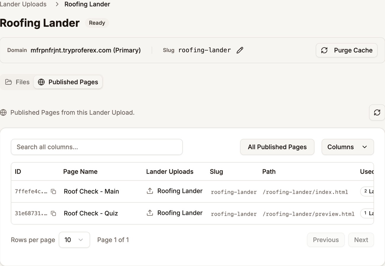The Published Pages tab inside the Roofing Lander upload, listing Roof Check - Main and Roof Check - Quiz