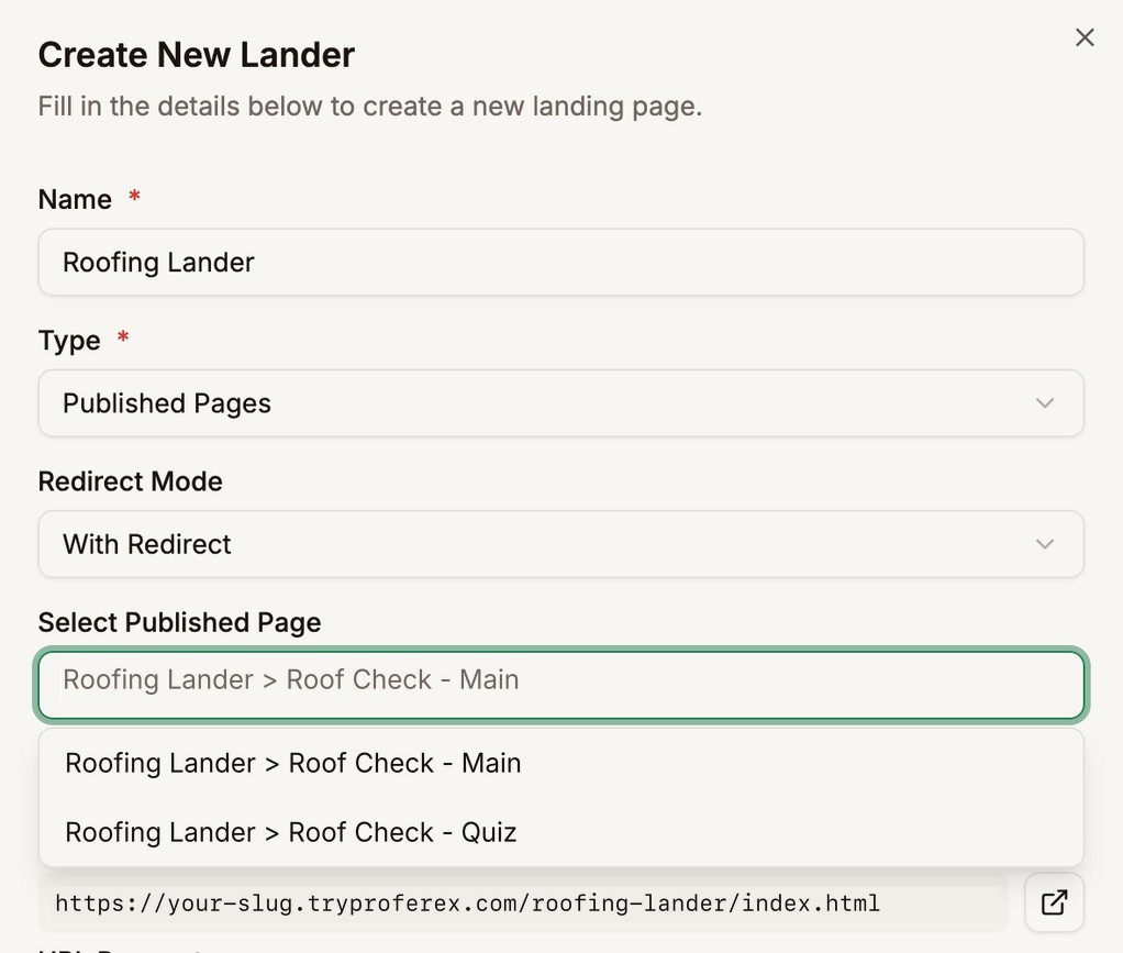 The Create New Lander form in Tracker, Landers, with Type set to Published Pages and the Select Published Page list open, showing Roof Check - Main and Roof Check - Quiz