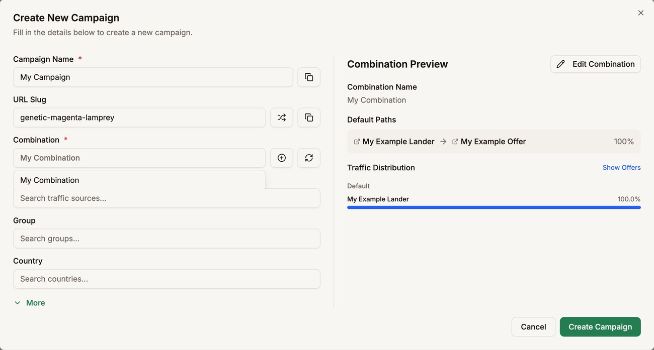 My Combination selected, with the Combination Preview showing My Example Lander to My Example Offer at 100%