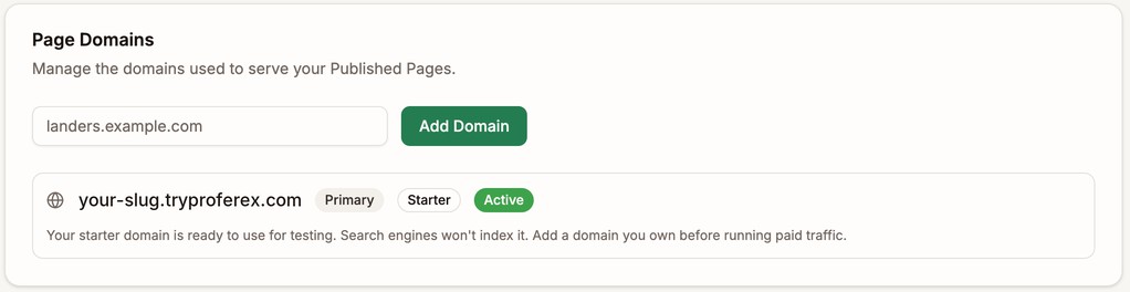 Page Domains card with the starter page domain outlined, marked Primary, Starter, and Active