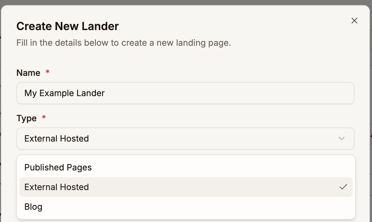 Type dropdown in the Create New Lander form with External Hosted selected