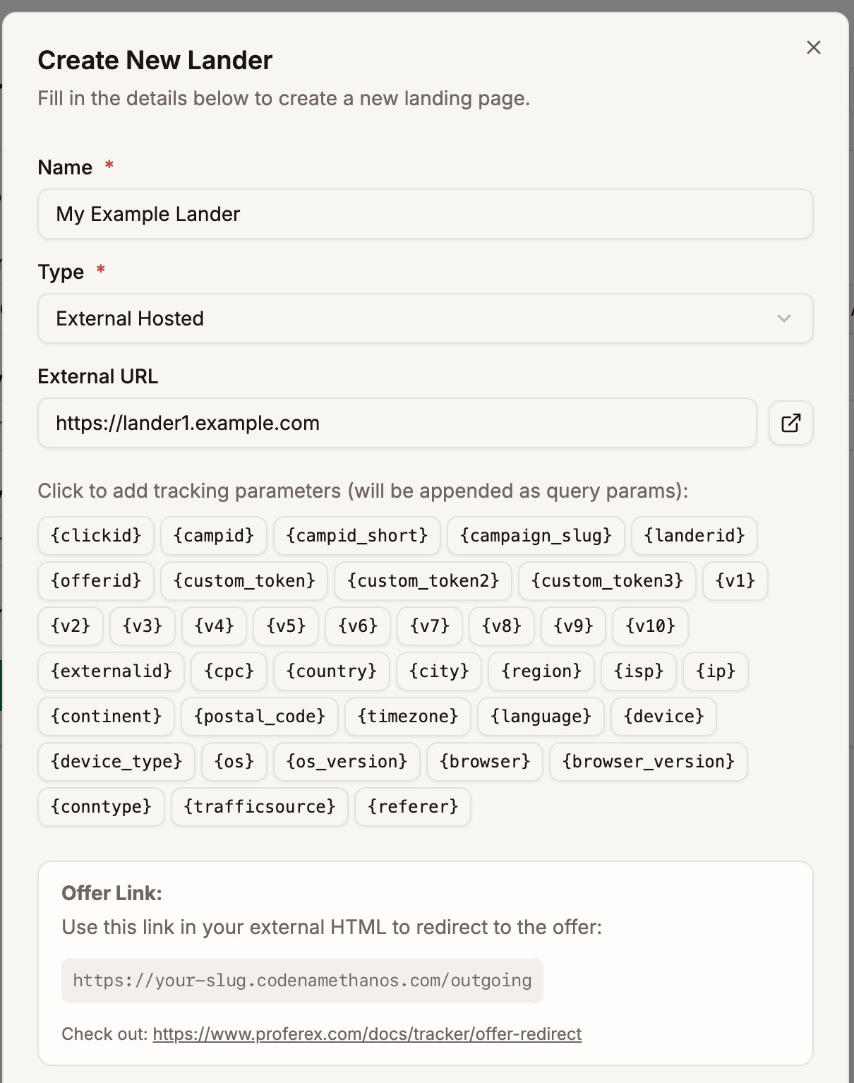 Create New Lander form with the name, external URL, and offer link outlined