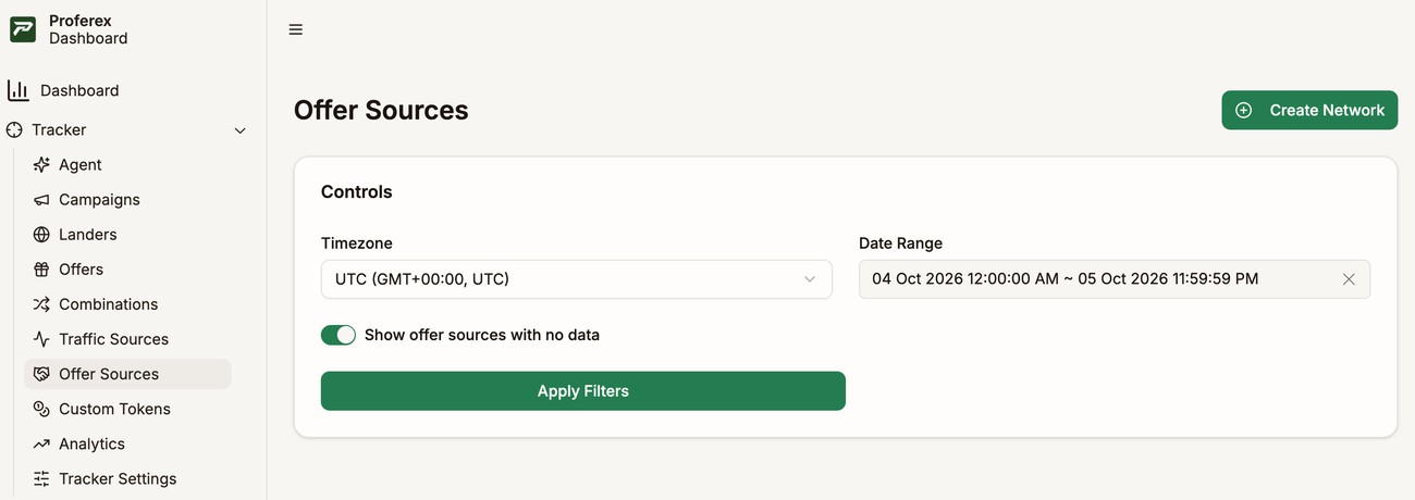 Offer Sources in the sidebar and the Create Network button on the Offer Sources page