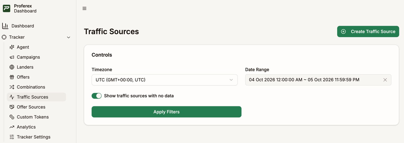 Traffic Sources in the sidebar and the Create Traffic Source button on the Traffic Sources page