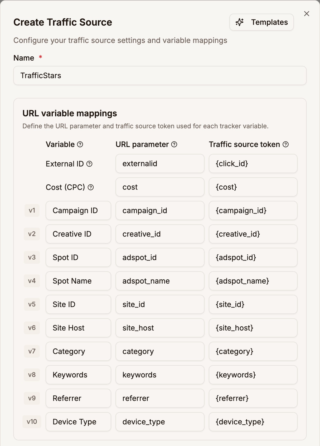 The TrafficStars template applied, with the name TrafficStars and its URL variable mappings filled in, from External ID to v10 Device Type