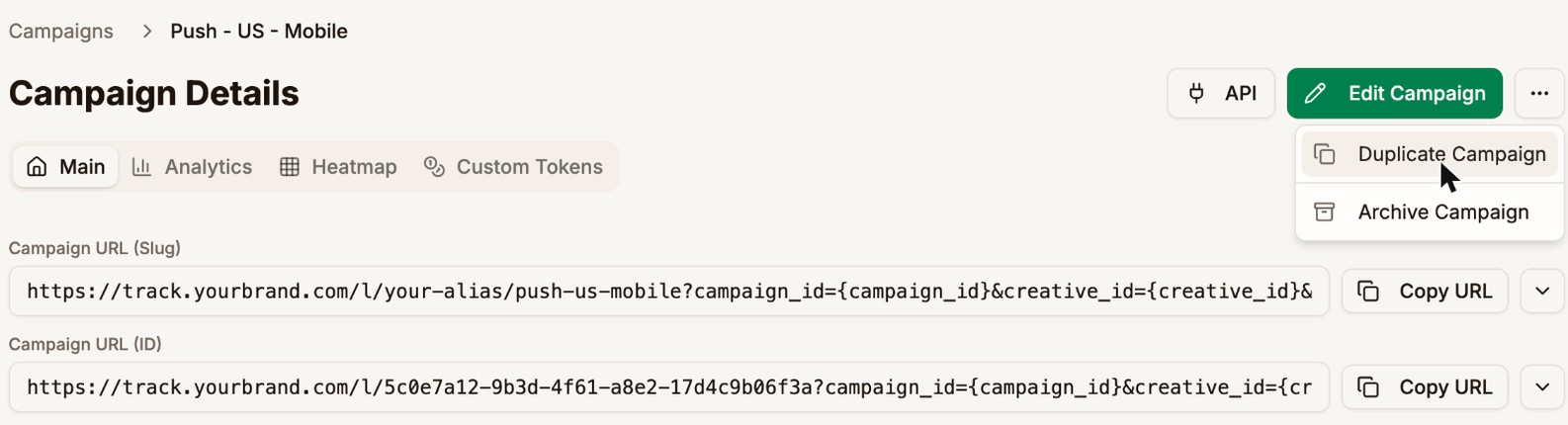 The Campaign Details page of Push - US - Mobile with the more menu open, showing Duplicate Campaign and Archive Campaign