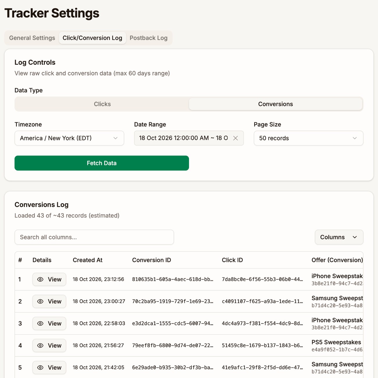 The Click/Conversion Log tab with Conversions selected, the Timezone, Date Range, and Page Size fields, the Fetch Data button, and the Conversions Log
