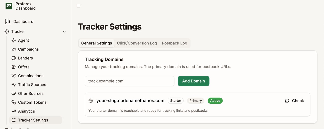 Tracker Settings selected under Tracker in the sidebar, and the starter tracking domain outlined