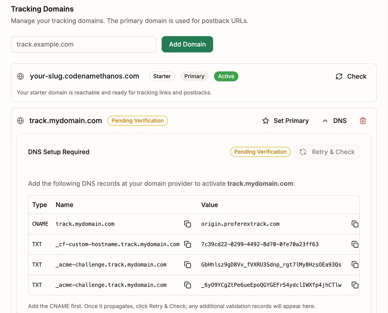 Tracking Domains with track.mydomain.com pending verification and its DNS Setup Required panel open, listing one CNAME and three TXT records with copy buttons