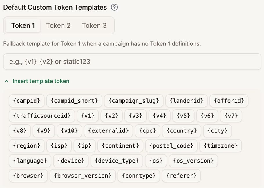 Default Custom Token Templates with tabs for Token 1, 2, and 3, a template field, and the Insert template token list open